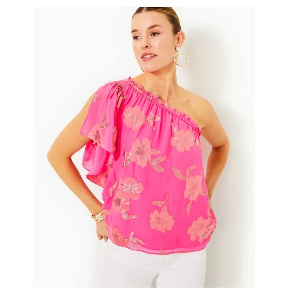 NWT Lilly Pulitzer Sarahleigh One Shoulder Top‎ Roxie Pink Women Size Large Silk - Picture 2 of 9